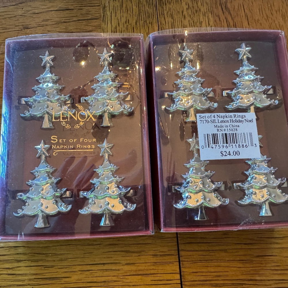 DISCOUNTED SHIPPING-LENOX Silver Christmas Tree Napkin Rings-8 RINGS-PRISTINE!
